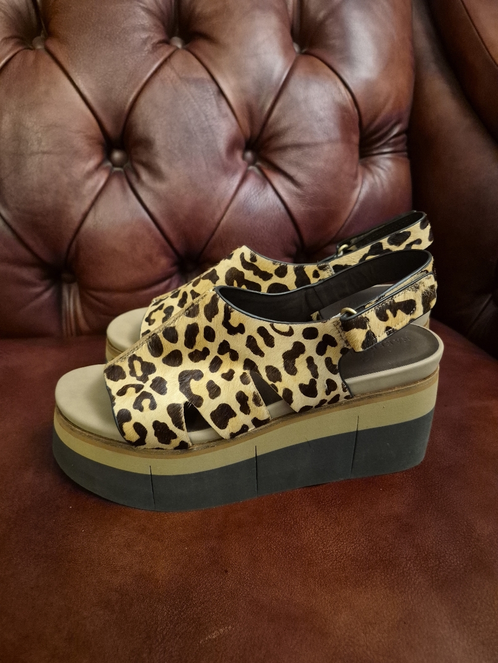 Naked Feet Geo Leopard Print Calf Hair Platform Sandals Size 9M